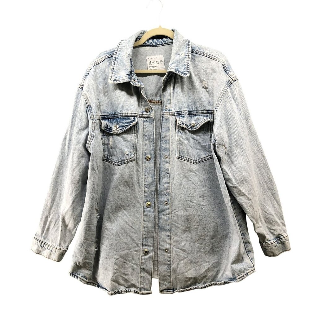 Denim Co Primark Oversized Jean Jacket Womens Size 14 Distressed Light Wash Blue